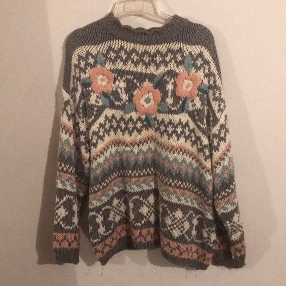 Maggie Lawrence Sport Ramie Blend Cottagecore Block Pattern Floral Sweater 22/24